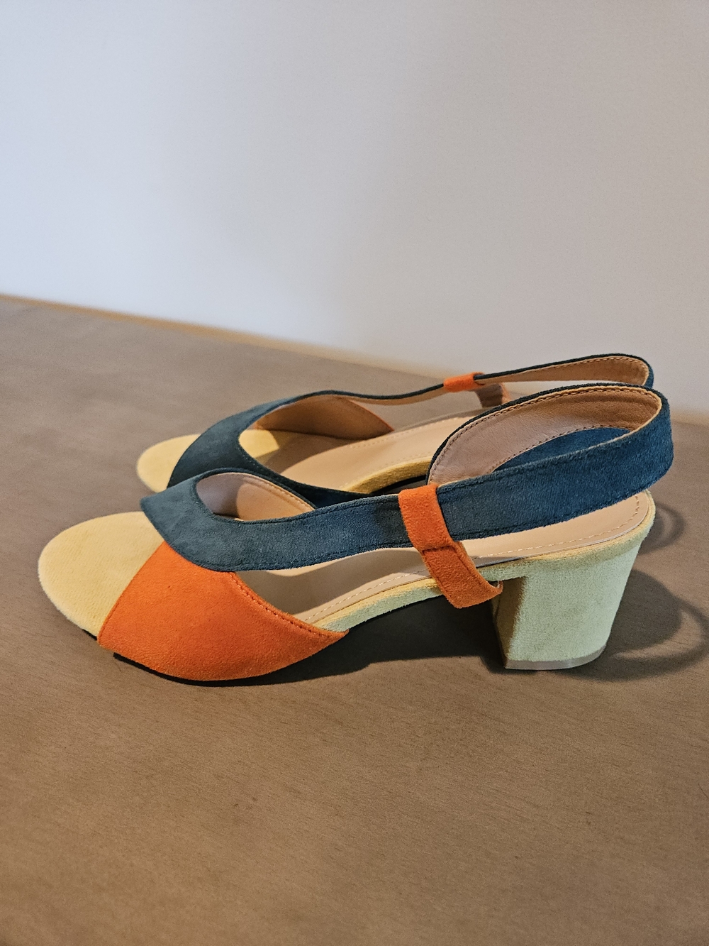Suede Colorblock Slingback Sandals in Teal, Orange & Light Yellow